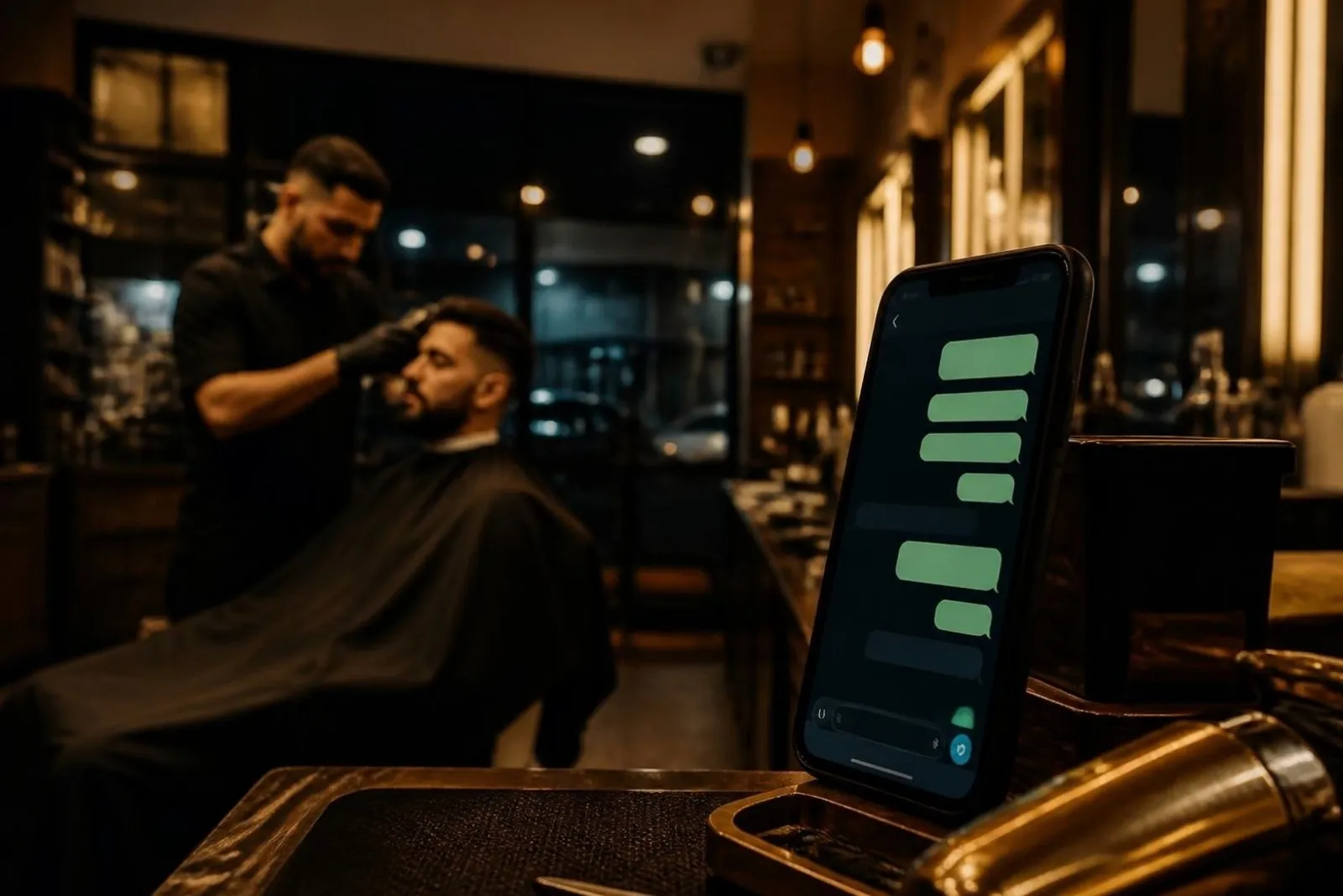 Barbero cortando el cabello mientras el celular del local muestra un chat de WhatsApp